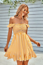 Off-the-Shoulder Smocked Vertical Striped Ruffle Hem Mini Dress