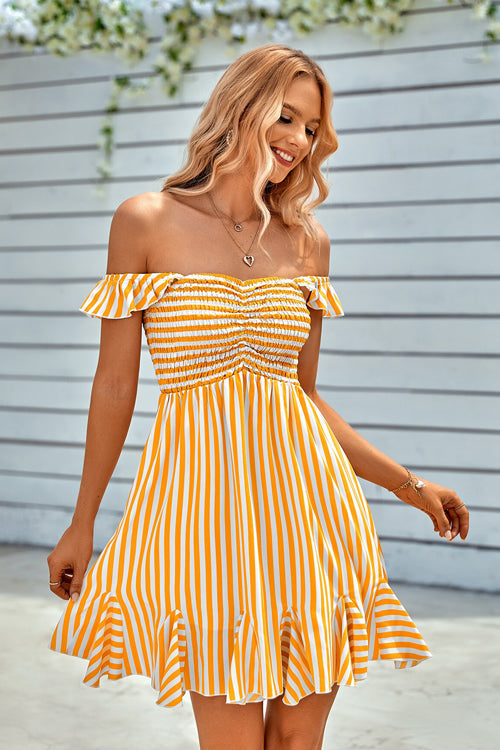 Off-the-Shoulder Smocked Vertical Striped Ruffle Hem Mini Dress