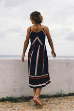 Geometric Chevron Stripe Spaghetti Strap Square Neck A-Line Midi Dress
