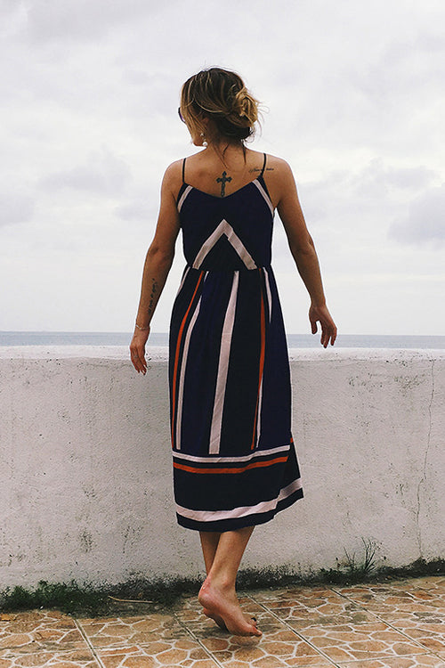 Geometric Chevron Stripe Spaghetti Strap Square Neck A-Line Midi Dress