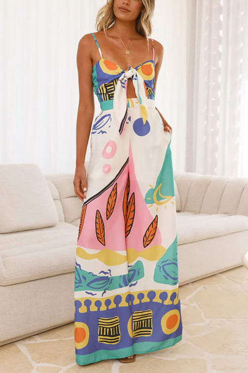 Knot Front Cut Out Pocketed Wide Leg Printed Cami Jumpsuit