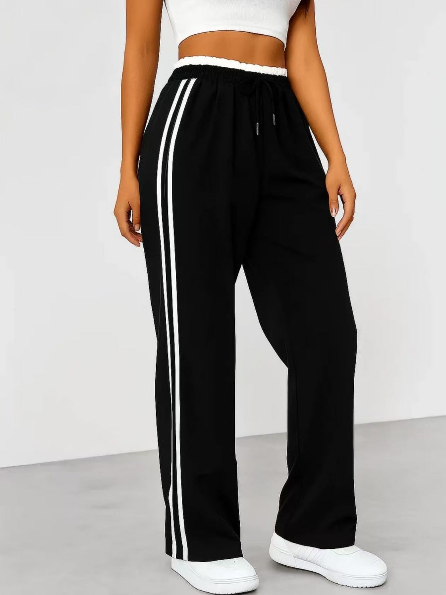 Drawstring High-waisted Wide-leg Pants Loose-fit Drape Sports Pants