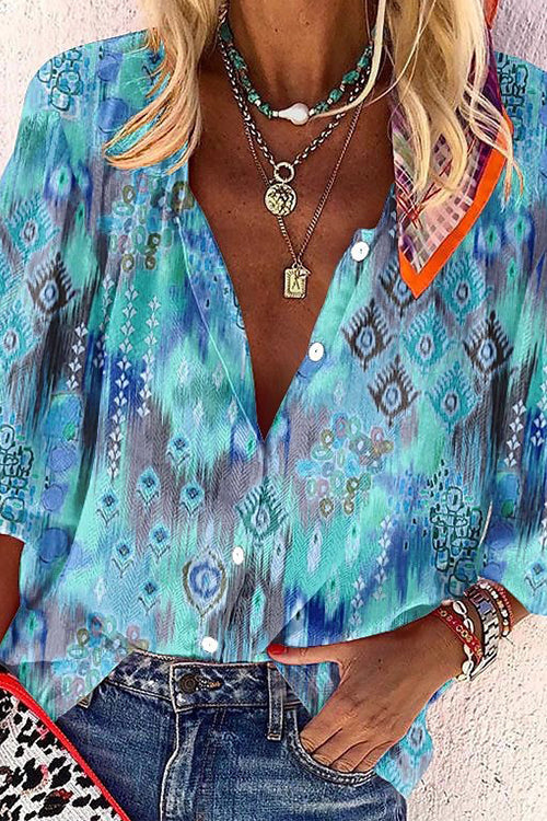 V Neck Long Sleeves Printed Casual Blouse Shirt