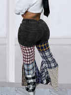 Houndstooth Pattern Flared Pants Ruffle Jeans