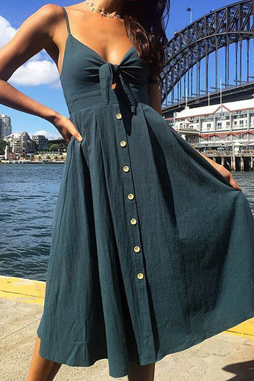 Linen Spaghetti Strap Tie Front Cut Out Button Front A-Line Midi Dress