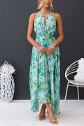 V Neck Waisted Cut Out Floral Pleated Maxi Dress