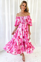 Botanical Floral Print Off Shoulder Smocked Puff Sleeve Tiered Midi Dress