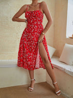 V-neck Bandage Camisoles Floral Slit Vacation And Leisure Maxi Dresses
