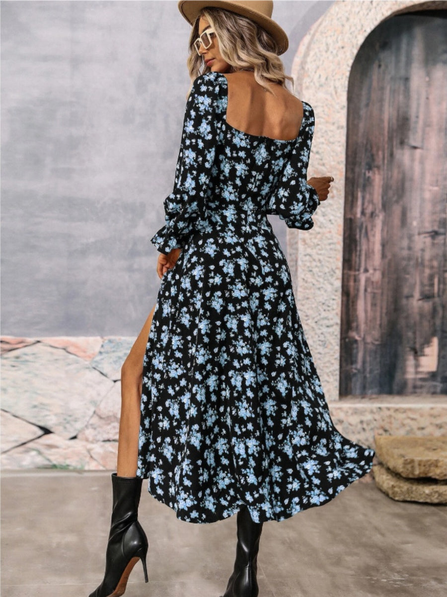 Floral Long Sleeve Square Collar Slit Vacation And Leisure Maxi Dresses
