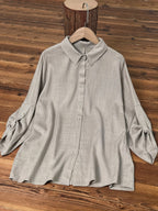 Three-quarter Sleeve Cotton Linen V-neck Loose Button T-shirt