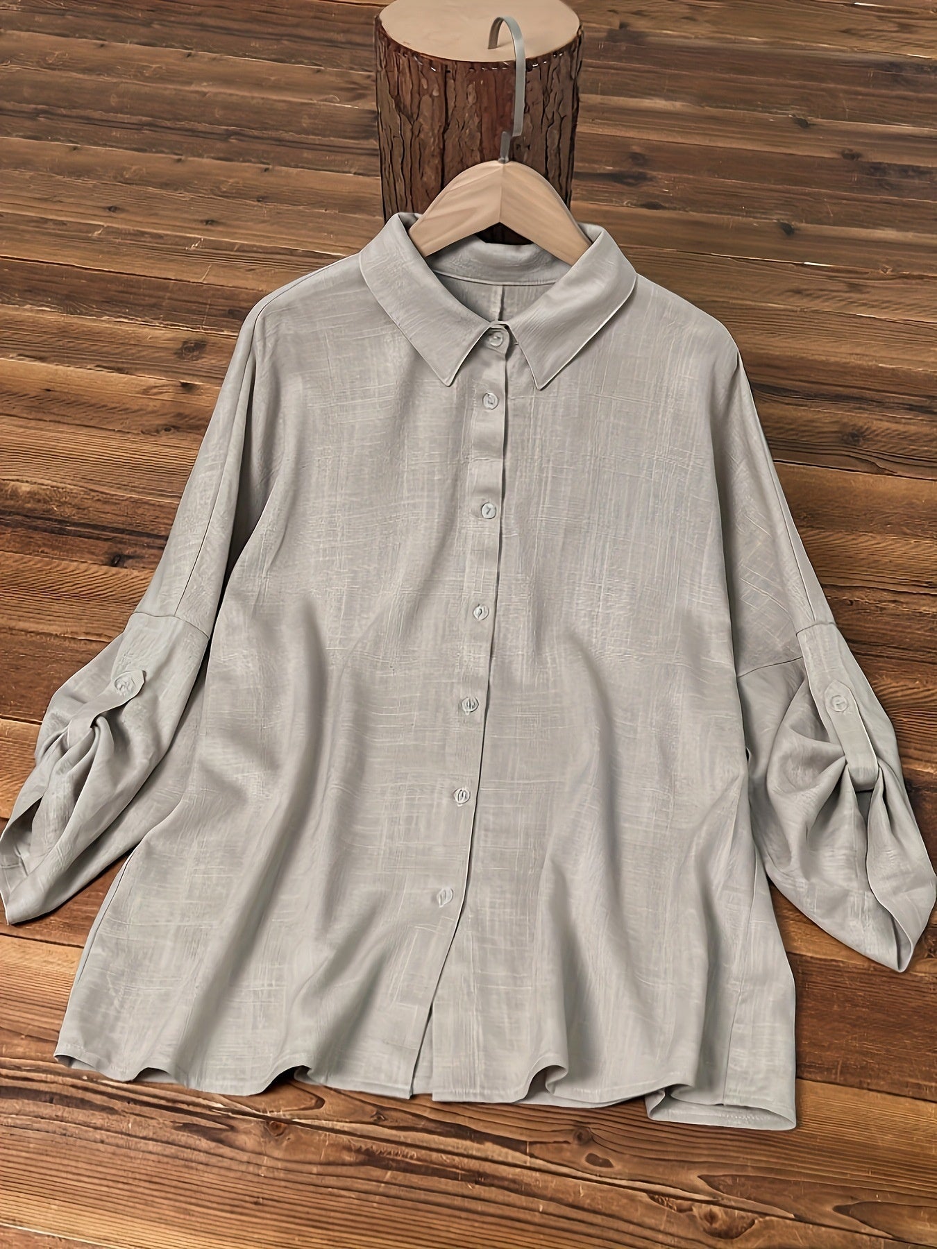 Three-quarter Sleeve Cotton Linen V-neck Loose Button T-shirt