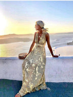 Printed Gathering Hot Stamping V-neck Sexy Maxi Dresses