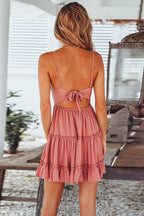 Lace Plunging V-Neck Spaghetti Strap Empire Waist Tiered Ruffle Mini Dress