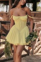 Lace Trim Corset Tie Front Bustier Gathered Skirt Mini Dress