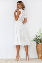 Eyelet Crew Neck Butterfly Ruffle Sleeve A-Line Midi Dress