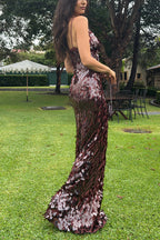 V Neck Cut Out Sequin Bodycon Maxi Cami Party Dress