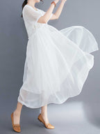 Embroidered Silk Round-Neck A-Line Dress