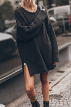 Waffle Knit Crew Neck Long Sleeve Side Slit Sweater Mini Dress