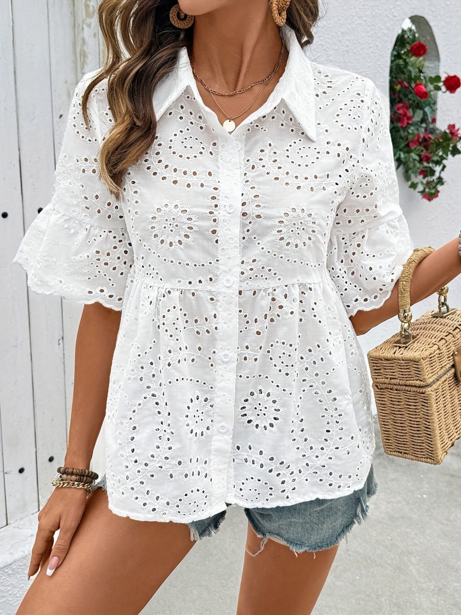 Women's Short-sleeved Shirt With Lapel And Openwork Embroidery