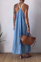 Color Block Casual Cotton Linen Maxi Beach Dress