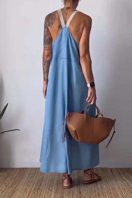 Color Block Casual Cotton Linen Maxi Beach Dress