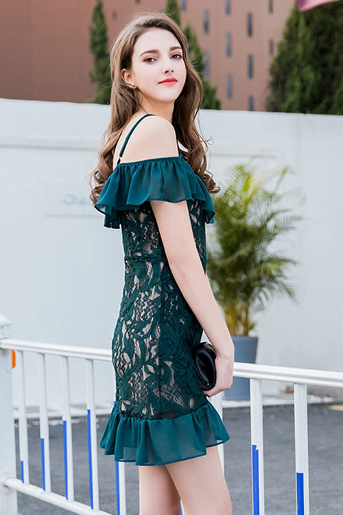 Cold Shoulder Floral Lace Spaghetti Strap Chiffon Ruffle Tiered Hem Wrap Mini Dress