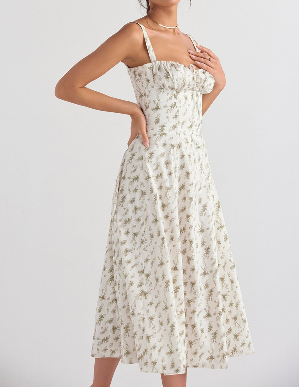 Ditsy Floral Print Sweetheart Corset Front Slit Midi Dress