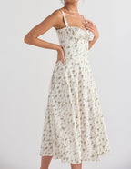 Ditsy Floral Print Sweetheart Corset Front Slit Midi Dress