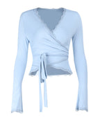 Lace-trimmed V-neck Tie-up Long Sleeves T-shirts