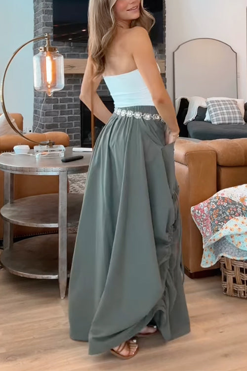 Side Drawstring Ruched Cotton Linen Baggy Maxi Skirt