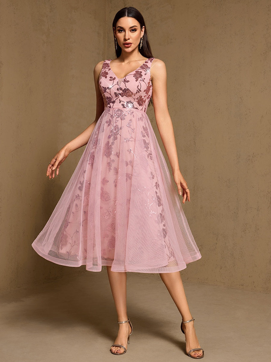 Embroidery Sequins Mesh Sweet Reunion Midi Dresses