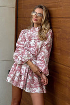 Toile Print Mock Neck Balloon Sleeve Belted Ruffle Hem Mini Dress