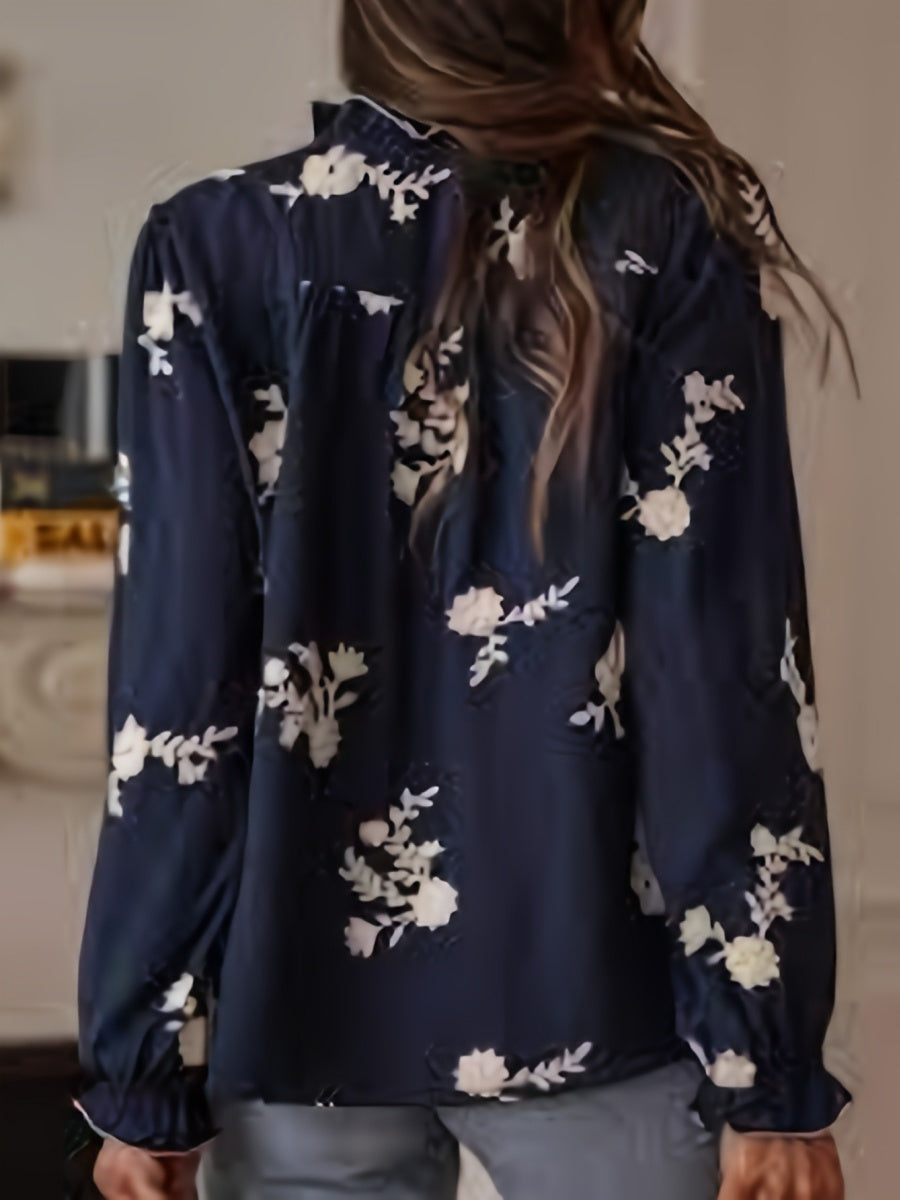 Floral Embroidery Color Block V-Neck Long-Sleeve Shirt