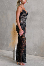 Spaghetti Strap V Neck Bodycon Lace Maxi Dress