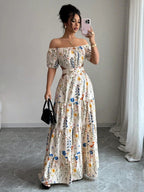 Floral Print Backless And Off-shoulder Long Dress