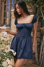 Square Neck Puff Sleeve Button Front Corset Bodice Skater Mini Dress
