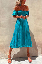 Printed Off Shoulder Smocked High Waist Ruffle Swing Dress