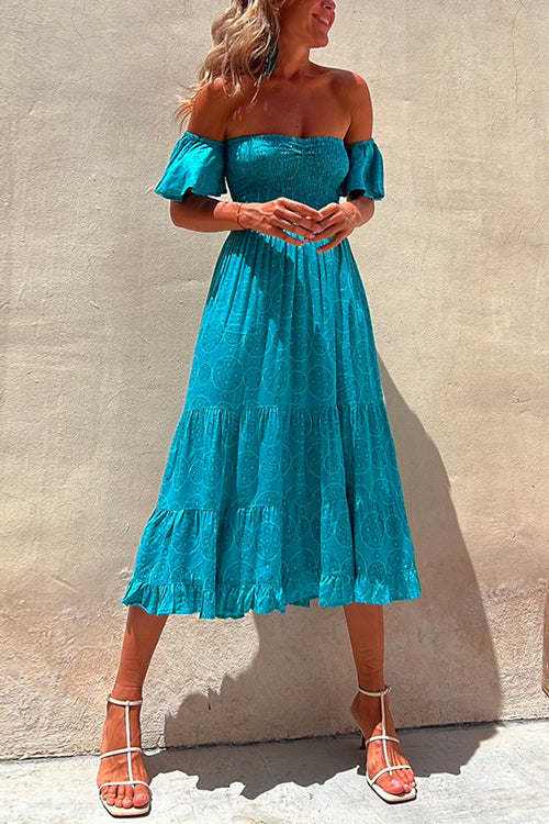 Printed Off Shoulder Smocked High Waist Ruffle Swing Dress