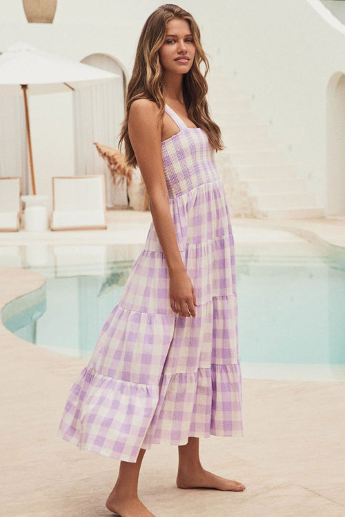 Gingham Square Neck Smocked Wide Strap Tiered Babydoll Maxi Dress