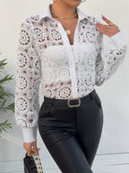 Long-sleeved Lace V-neck Sheer Top