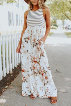 Sleeveless Stripes Splice Floral Maxi Dress