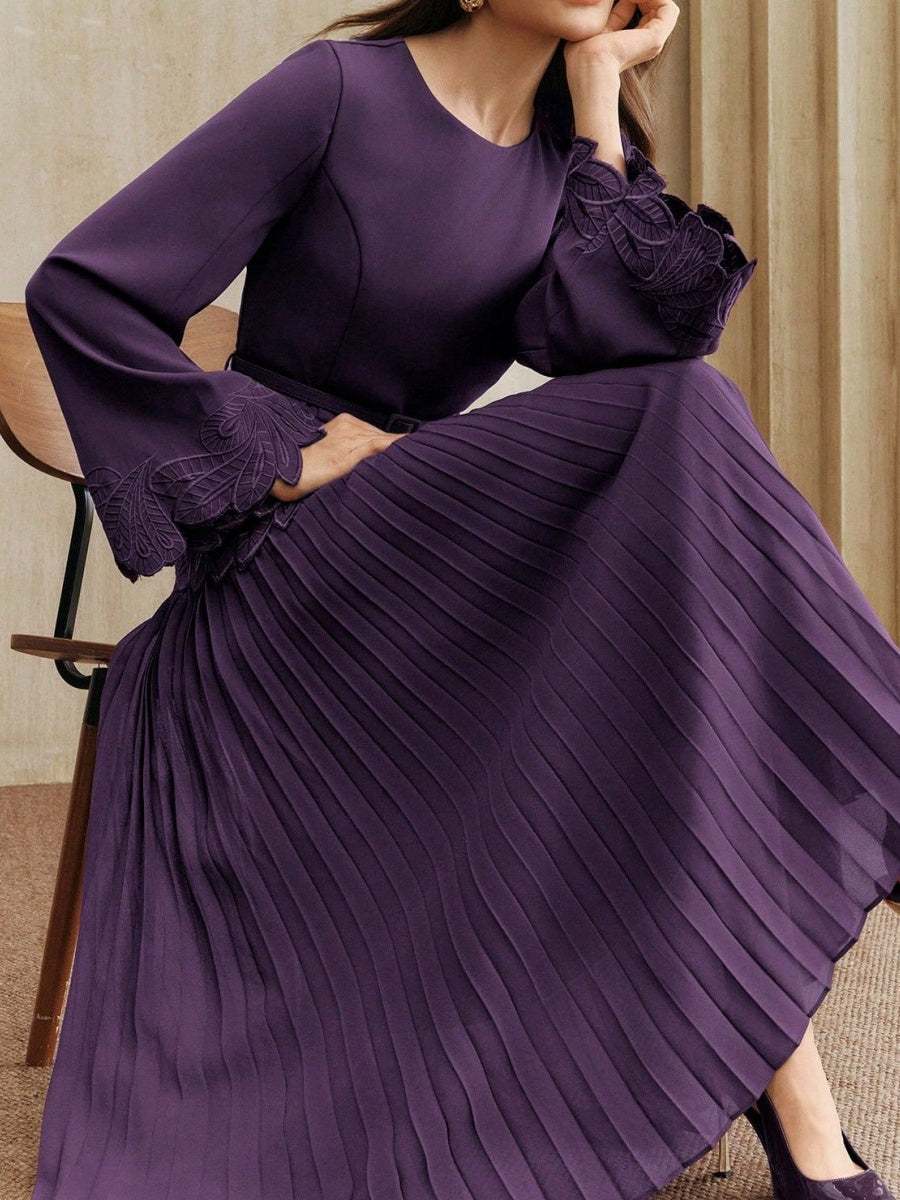 Applique Including Belt Pleats Maxi Dresses