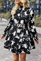 Smocked Mock Neck Balloon Sleeve Tiered Floral Print Mini Dress