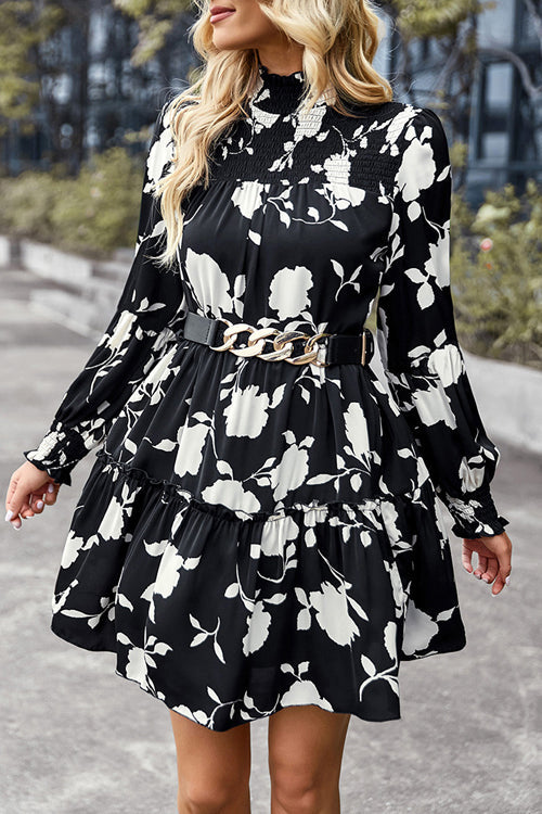 Smocked Mock Neck Balloon Sleeve Tiered Floral Print Mini Dress