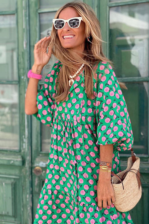 Geometric Lattice Print V-Neck Puff Sleeve Tiered Maxi Dress