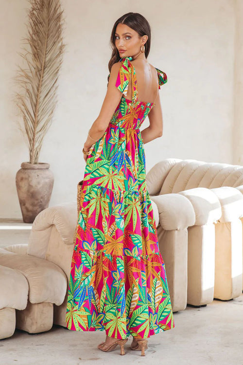 Smocked Square Neck Tie Shoulder Tiered Tropical Floral Maxi Dress