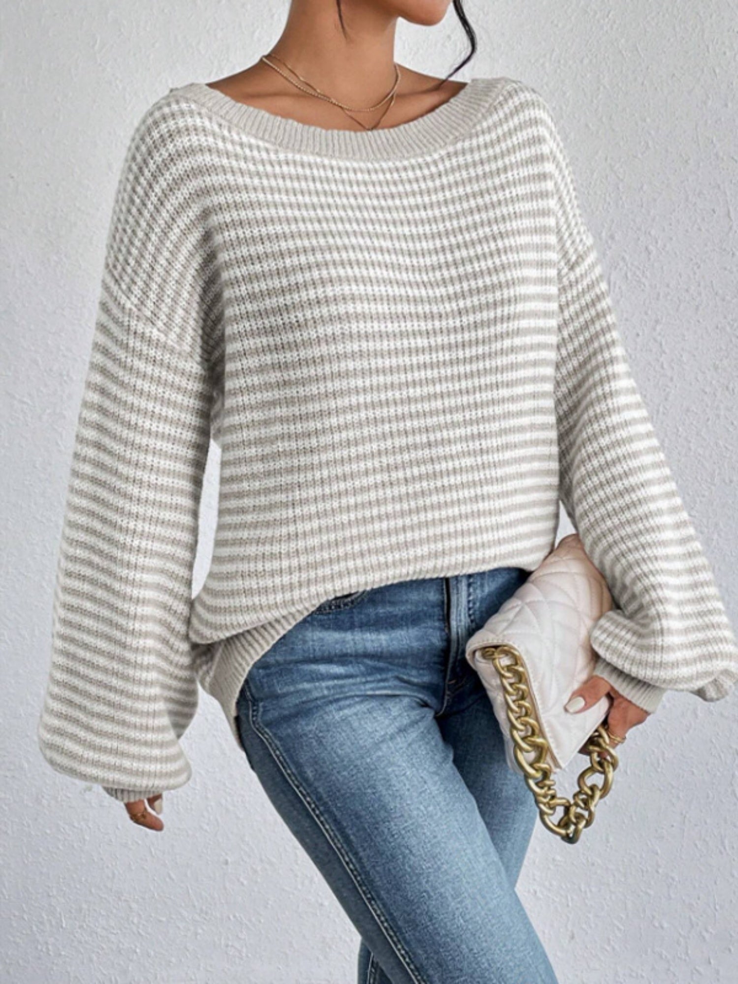 Stripes Off-the-shoulder Neckline Color Matching Knitted Sweater