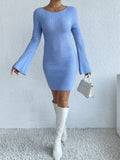 Ribbed Knit Scoop Neck Bell Sleeve Bodycon Mini Dress