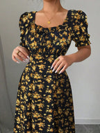 Floral Short Sleeve Square Collar Ruffle Vacation And Leisure Maxi Dresses