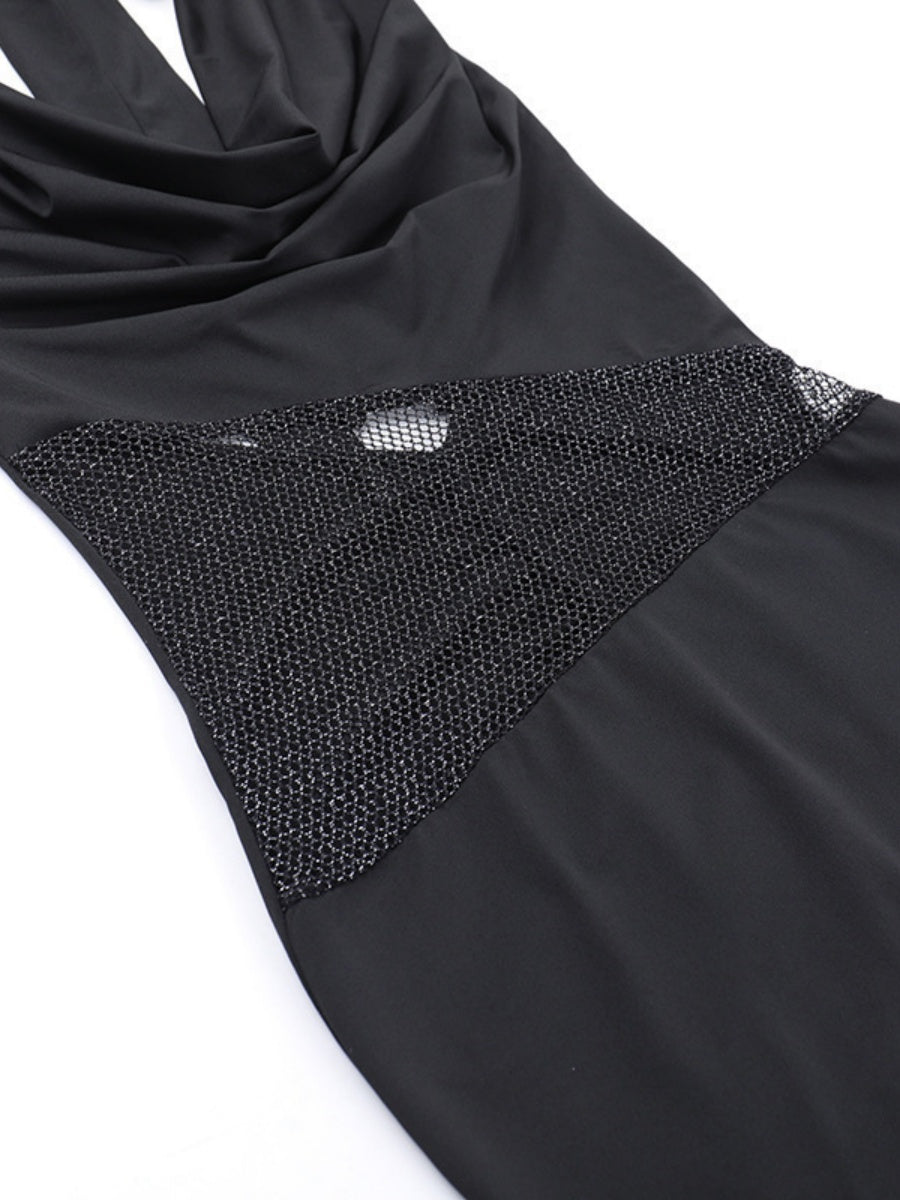 Backless Draped Collar Sparkling Mesh Splicing Halter Mini&Short Dresses